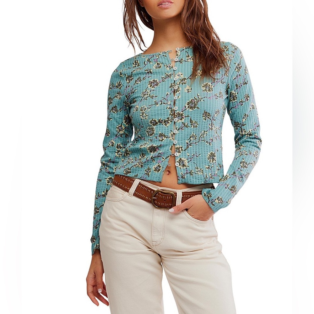 Floral Ribbed Button-Front Long Sleeve Top - Teal